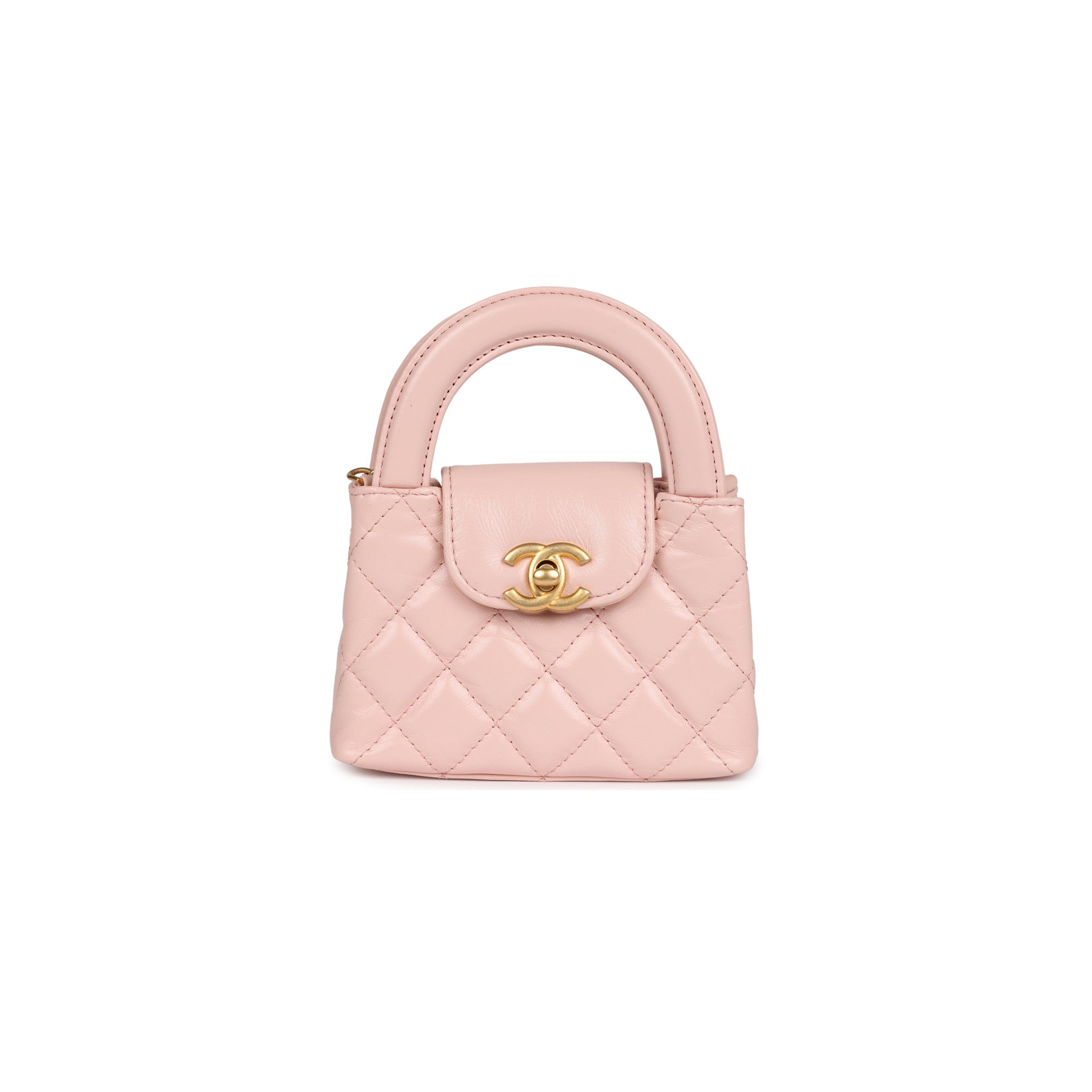 CHANEL MASTER NANO KELLY SHOPPER LIGHT PINK SHINY AGED CALFSKIN BRUSHED GOLD HARDWARE(12.5*8.3*4cm)